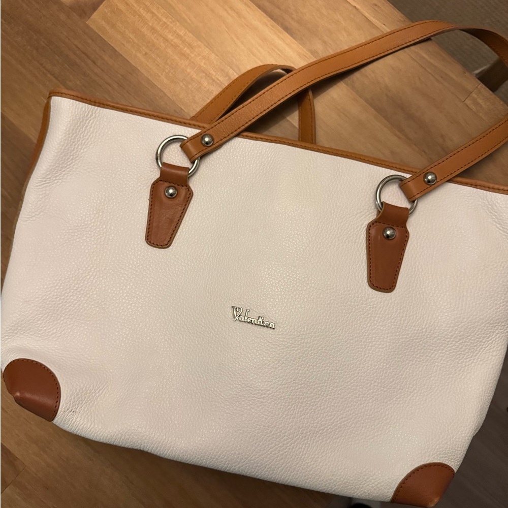 Valentina real leather White and Tan Women's Tote Bag